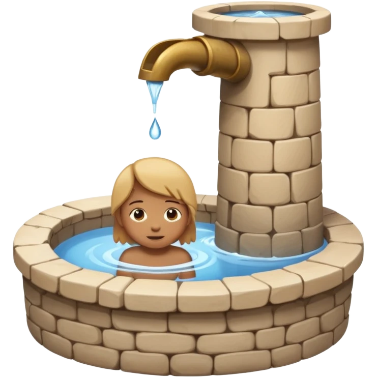 Create a clean emoji-style icon showing a small child falling into a round stone water well. The well must be clearly recognizable: circular stone rim, dark opening. Show the child mid-air, tilted downward above the well with simple motion lines. emoji