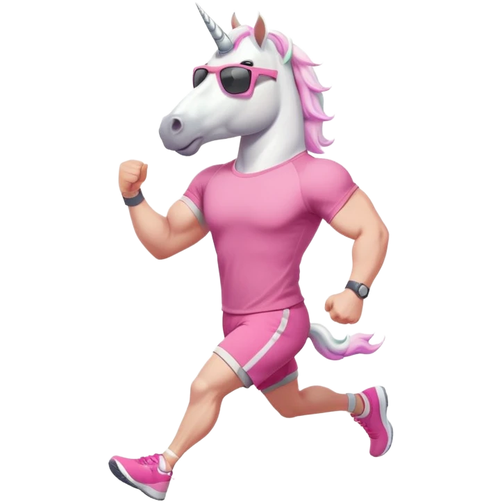friendly anthropomorphised male white unicorn with a fit, chunky, muscular and strong physique, arms and legs matching the white of the head, in grey shorts and pink t-shirt, wearing dark sunglasses, jogging upright in a relaxed pose emoji