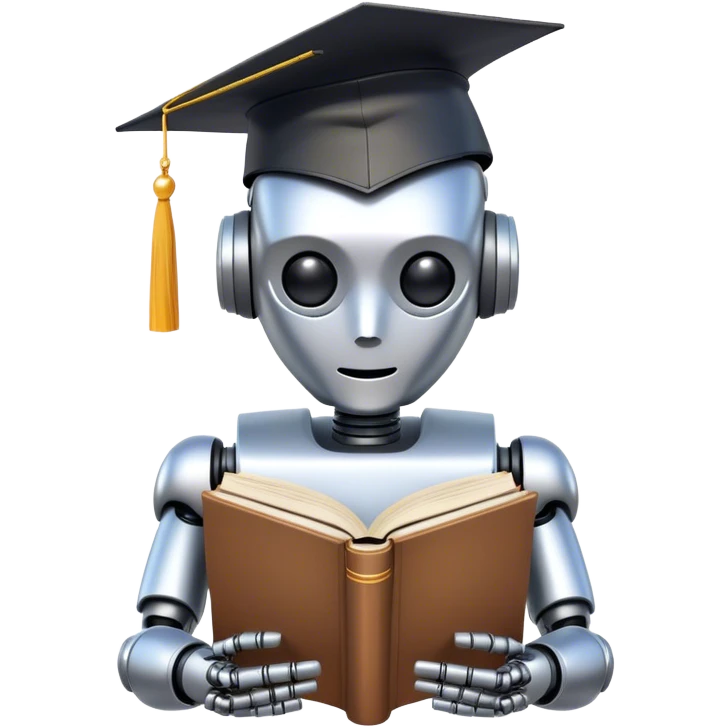 Non-human like robot reading a big book with graduation head emoji