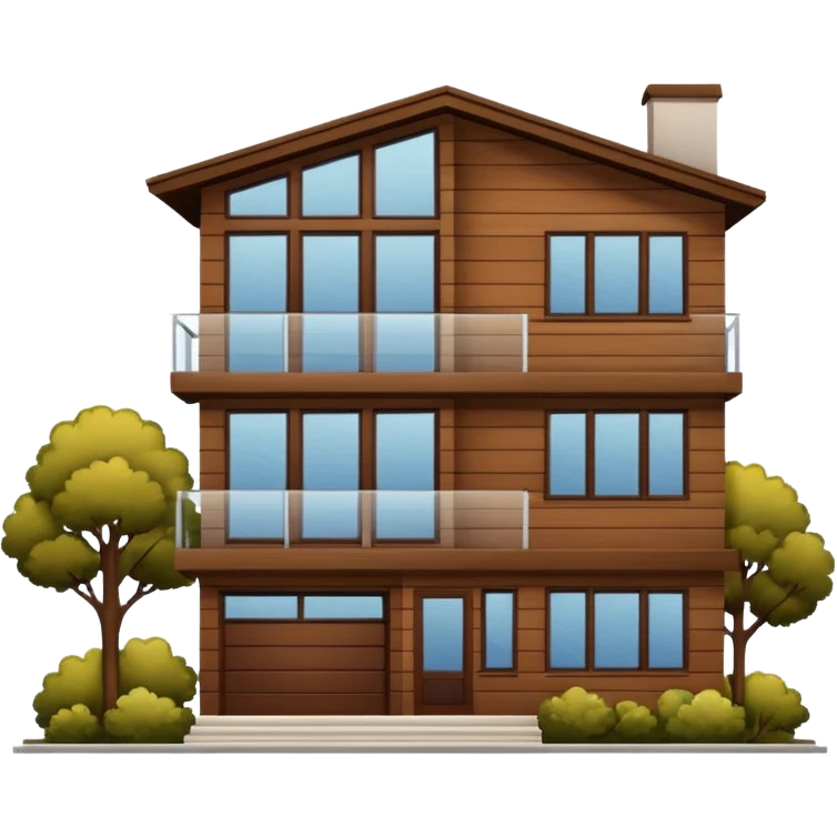 Make me a modern house with two floors, with big windows and brown wood panel on the outside emoji