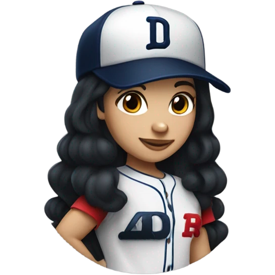 White girl with black long hair who wearing navy ballcap emblazoned with a red D initial and wearing baseball uniform emoji