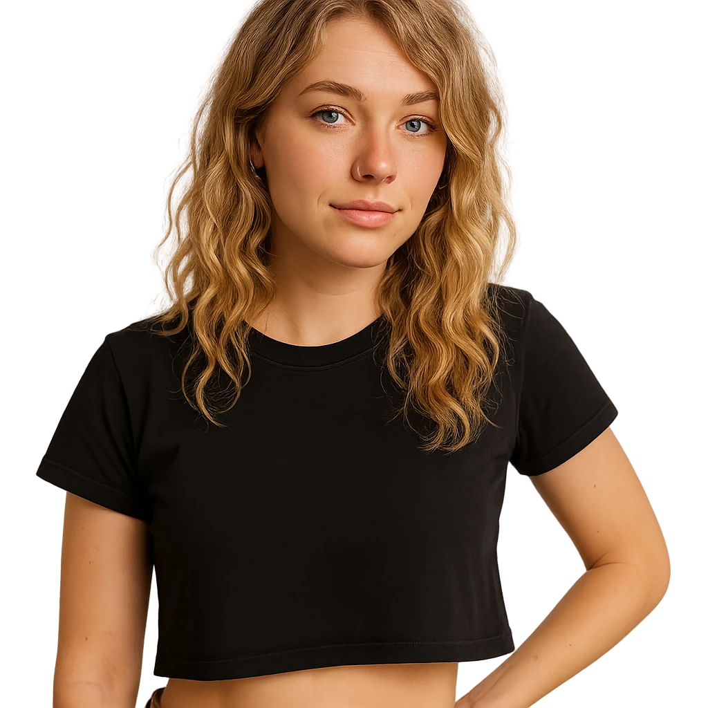 blonde wavy haired girl, blue eyes, left nose ring, black cropped shirt, casual pose emoji