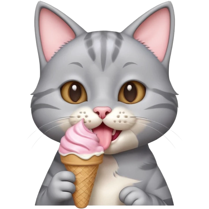 cute gray cat portrait, head and shoulders only, licking an ice cream cone, funny happy expression, 3D cartoon, mobile game icon style, clean background, no text, no watermark
 emoji