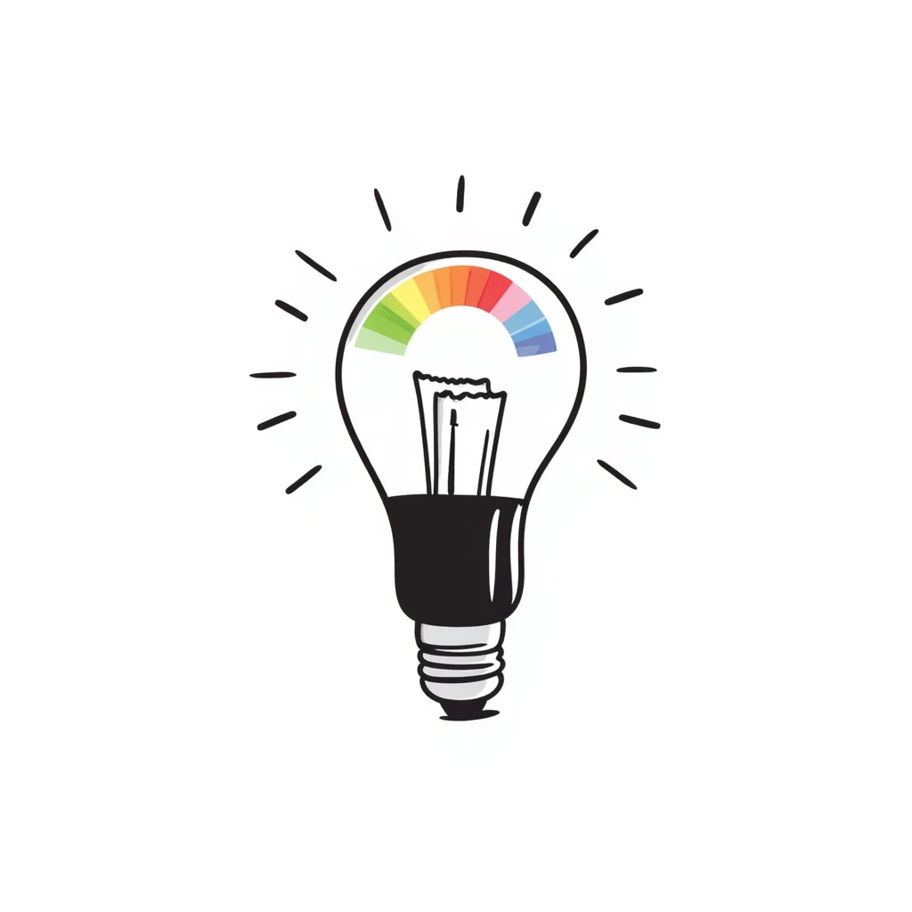 A hand-drawn Philips Hue smart bulb with app control and rainbow colors emoji