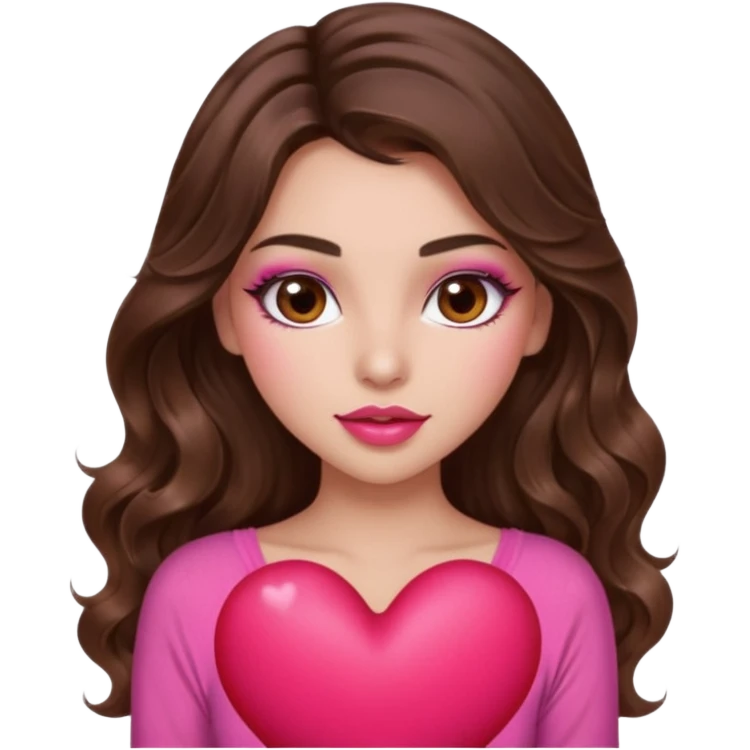 girl with long wavy brown hair, brown eyes, long lashes makeup, sexy pink lips, light to medium complexion, wearing a pink sexy top, squeezing a big heart emoji