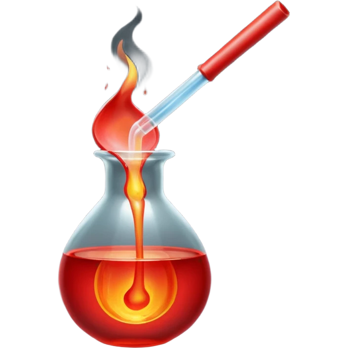 Glassblowing and casting icon, molten glass being shaped into a delicate object with a blowpipe, glowing red-hot glass being poured into a mold, unfinished glass sculpture, minimalistic style, clean lines, transparent background. emoji