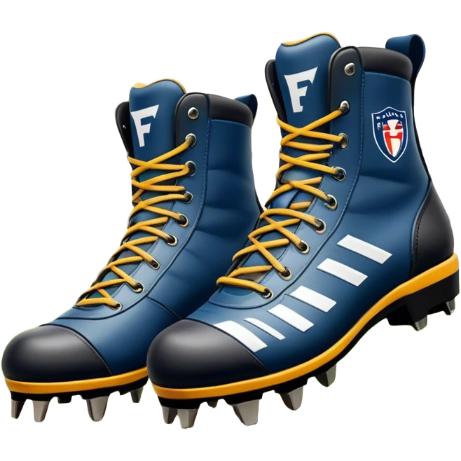Cinematic Realistic image of a pair of AFL boots, showcasing detailed leather stitching and a rugged sole with fine cleat impressions, captured against a blurred stadium background with high-energy, dynamic lighting emoji