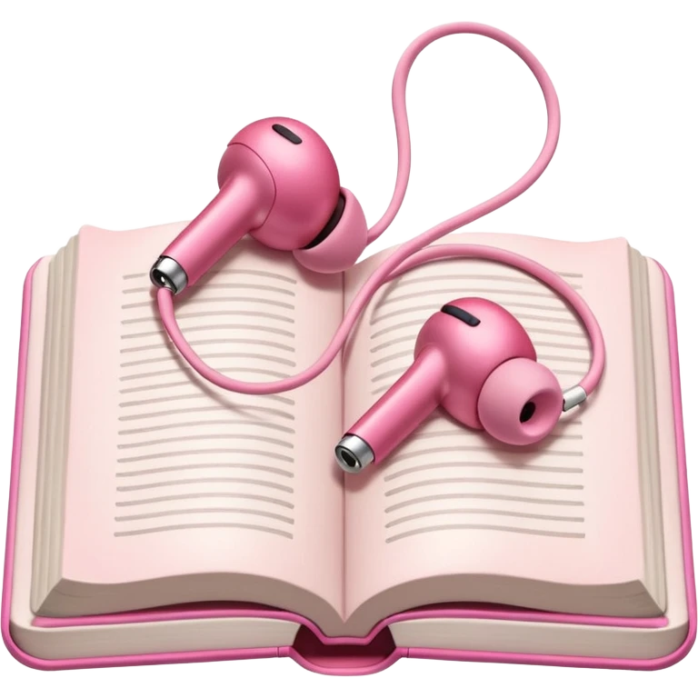  pink Pink Apple-style earbuds lying on an open book, soft pastel tones, cozy and minimal aesthetic, realistic lighting and shadows, top-down view, transparent background" emoji