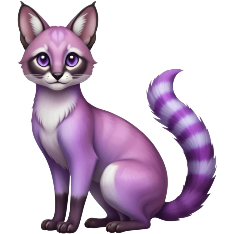 Colorful dark tropical pastel-lilac-lavender-violet iridescent pastel white glorious divine exotic cute cool beautiful shiny beautiful fantasy-caracal-civet-genet-vernid-oncilla-animal-Fakémon-hybrid-fursona (full body) emoji