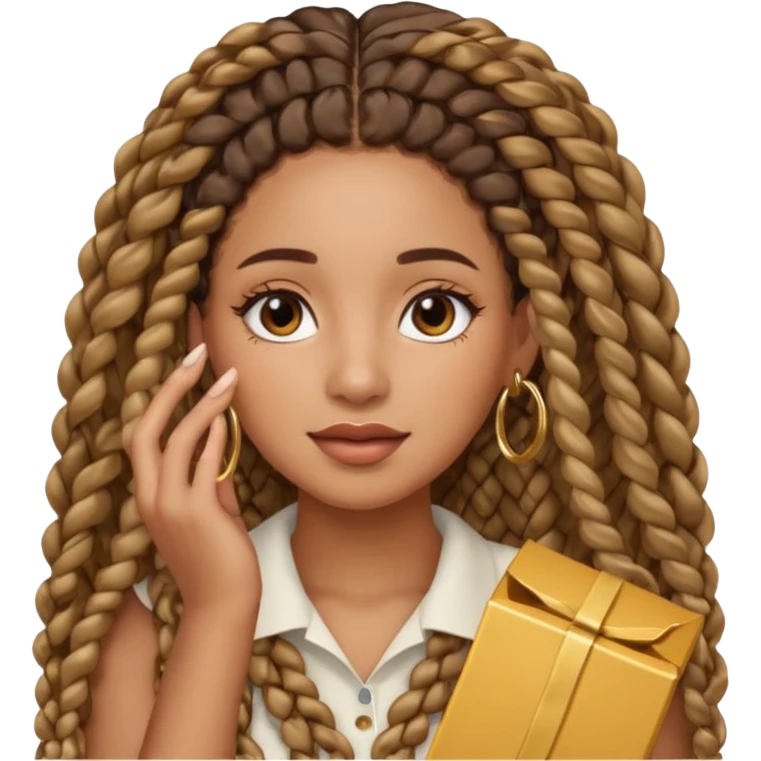 Latina with gold hoop earrings and long curly brown box braids and a hand over her face  emoji