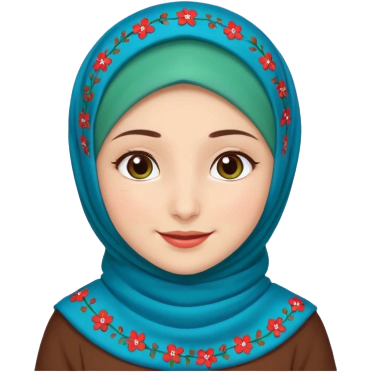 Turkish beautiful finish Konya girl brown eyes white skin with red blue green mini flowers hijab and brown islamic dress and smiles emoji