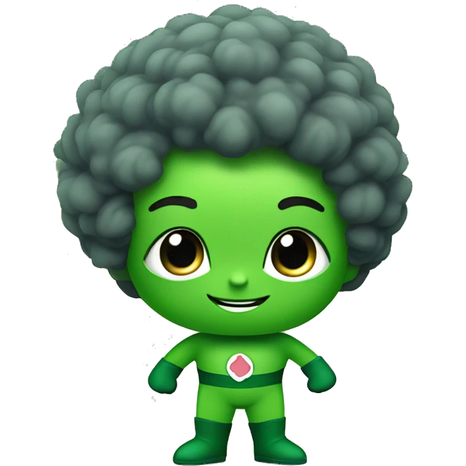 cute mini superhero with green clothes and a broccoli as hair,  full body saying hello emoji