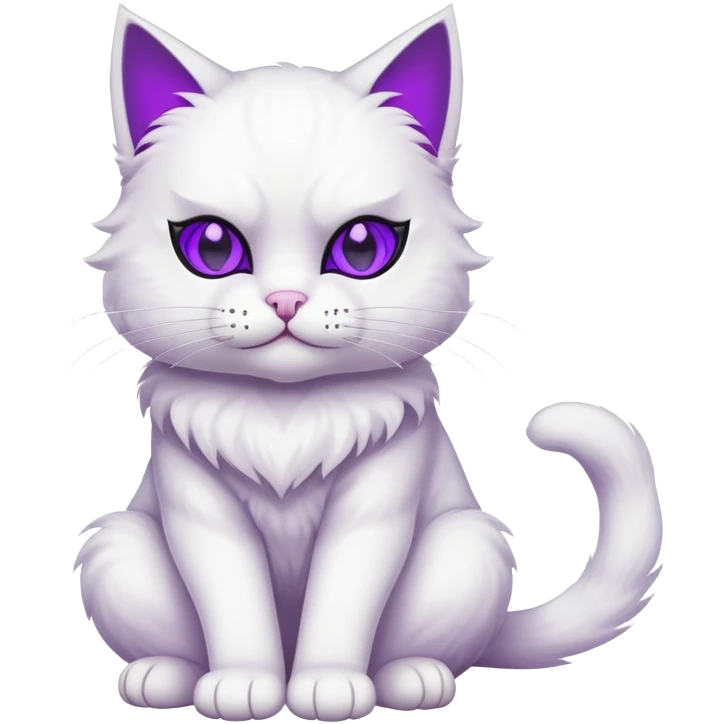 white cat full body sitting with a mask and purple eyes emoji