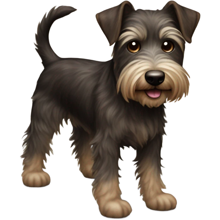 a dark brown haired brindle color with white under belly hair and one white paw terrier with crazy hair and long chin hair name Bon Jovi emoji