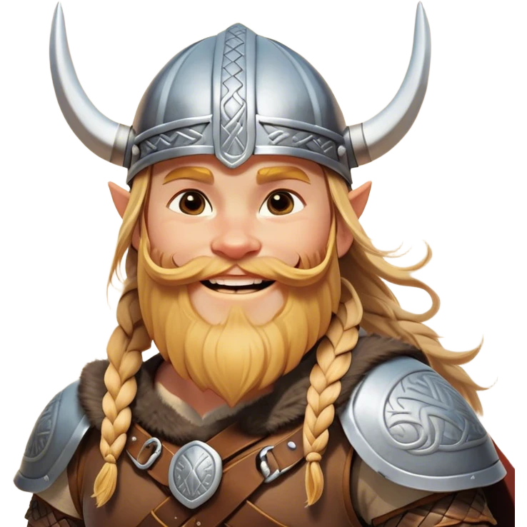 Clash of Clans aesthetic: Cinematic Cheerful Viking Portrait Emoji, With a bright, confident smile and a relaxed, adventurous stance, showcasing a stylized, spirited build with a classic Viking helmet and braided hair, his natural skin tone lending authenticity, Simplified yet expressive features, highly detailed, glowing with a soft, golden Nordic radiance, high shine, upbeat and courageous, stylized with an air of classic Viking heroism, soft glowing outline, capturing the essence of a cheerful Viking ready to embark on legendary quests! emoji