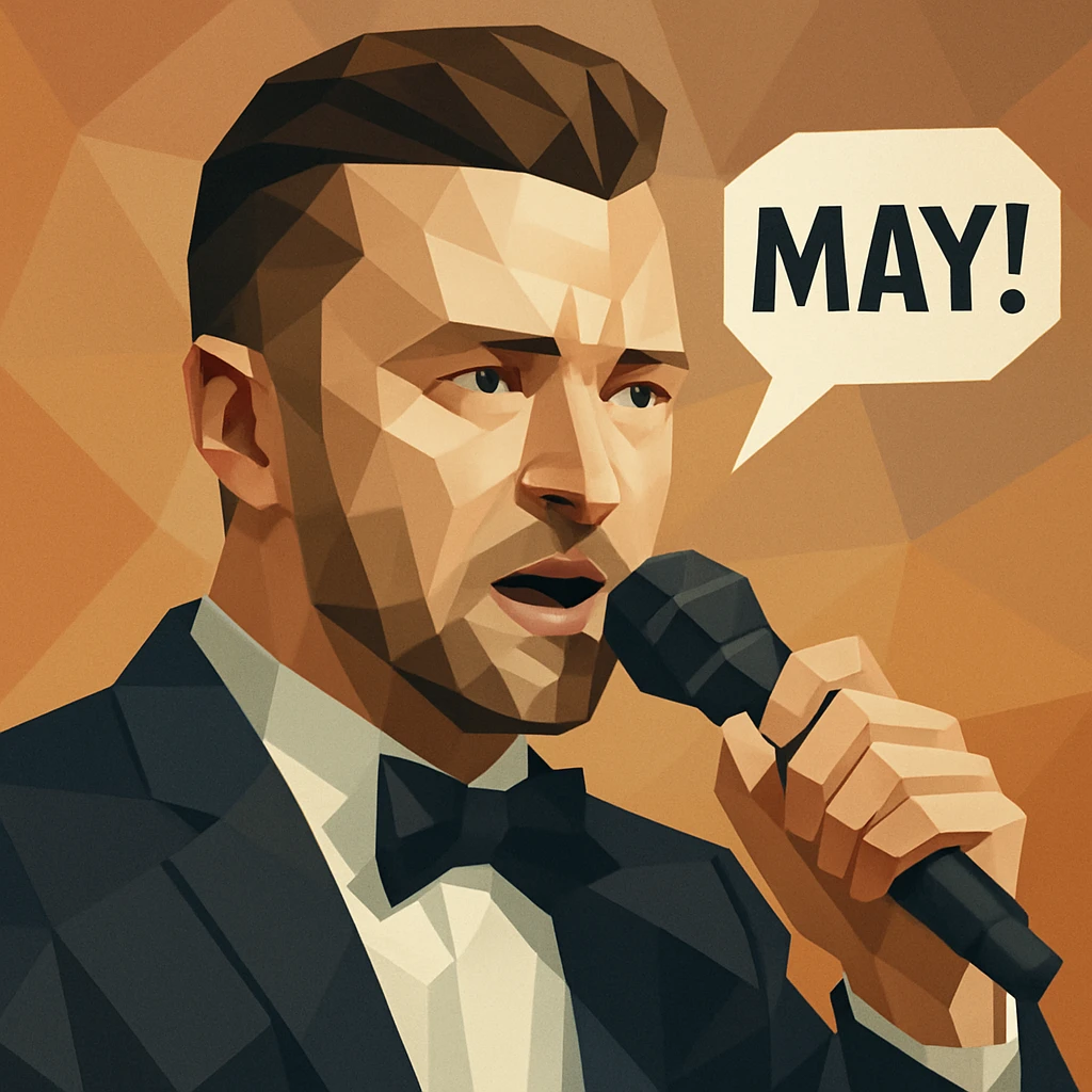 polygonal style Justin Timberlake with microphone, saying 'May!', realistic facial features, geometric shading emoji