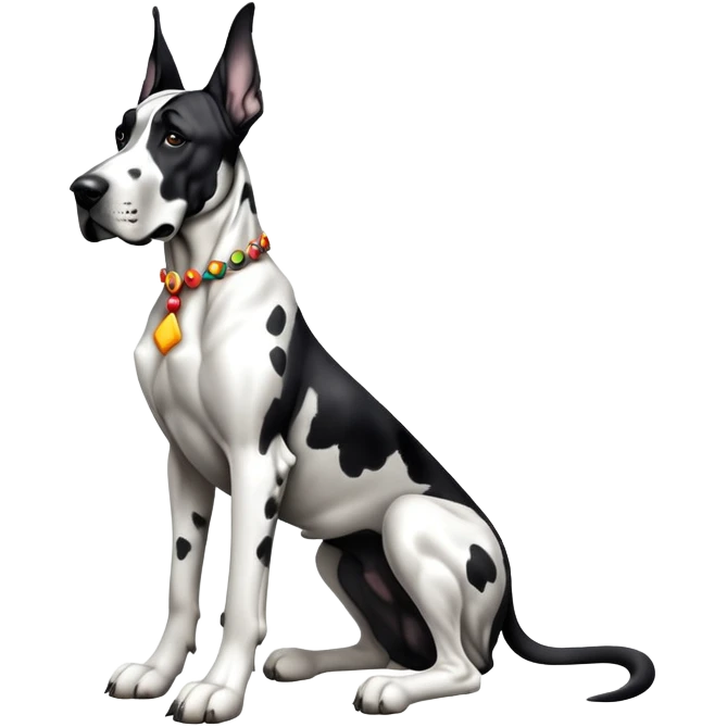cinematic-[harlequin great dane]-realistic-full-body-sitting-emoji,-tail-resting-loosely-beside-its-paws,-head-tilted-dramatically, ears drooped, -sleek-[black and white]-fur,-simplified-yet-realistic-focused-features,-highly-detailed,-glowing-with-an-almost-sarcastic-glow emoji