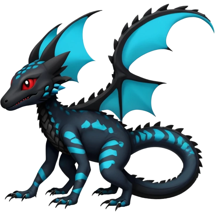 Rare realistic exotic edgy dark gothic gloomy spooky black and red/blue/cyan epic pretty beautiful handsome gorgeous aesthetic colorful vibrant Vernid-Trico-species-Fakemon-Salandit-hybrid-creature by LiLaiRa, 4 legs, 1 tail, random markings, (full body) emoji