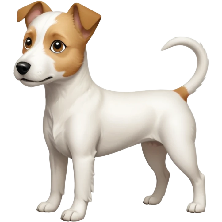 a full body buff white parson russell terrier looking dog the size of a kelpie with light brown long ears and a light brown patch on one eye and a large snout. the rest of the dog is completely white. forward facing emoji