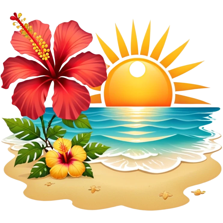 Golden sun with ibiscus flowers at seashore emoji