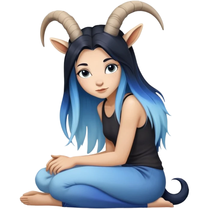 Art of a human white woman's very perfect body scheme anatomy-very long straight black to blue hair ombre-small goat horns-lean back-on knees emoji