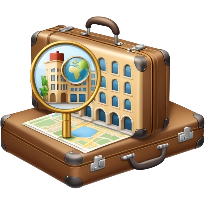 An icon featuring a suitcase, a hotel building, symbolizing the academic study of tourism and hospitality. The design includes a travel map and a magnifying glass, representing research into destinations and hospitality management. Transparent background emoji