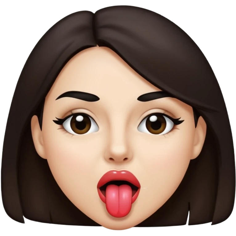 woman with dark brown hair wearing black band over eyes with tongue out emoji