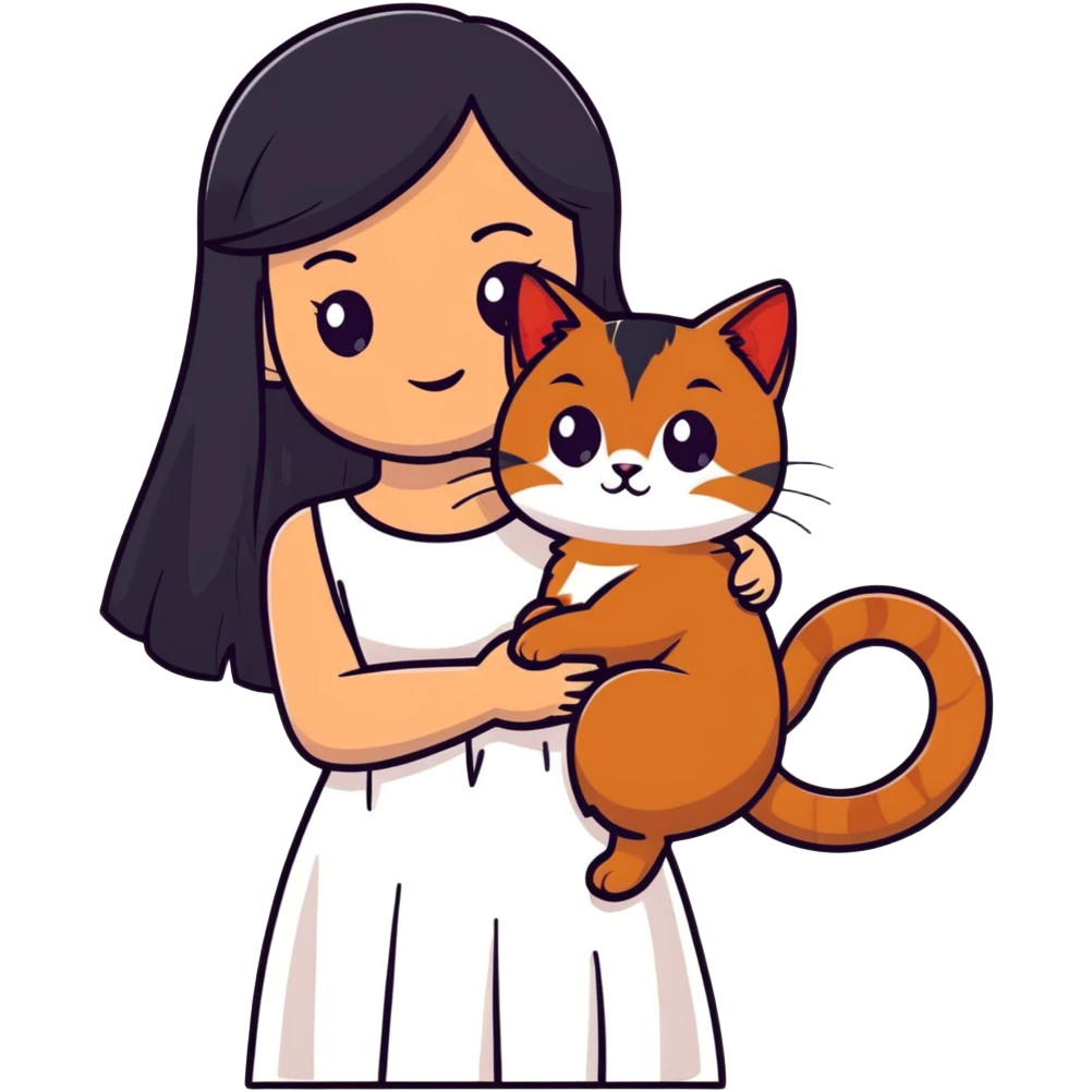 beautiful girl with long black hair wearing a white dress holding an Abyssinian cat with reddish-brown fur in her arms emoji