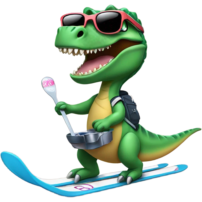 Dino on skis holding a spoon full of sugar and a lighter under it then the Dino needs swirling sunglasses emoji