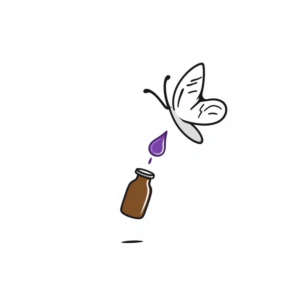 Small brown bottle floating with dim light, with a purple drop suspended in the air, slowly spinning in front of a luminous butterfly representing the thyroid gland emoji