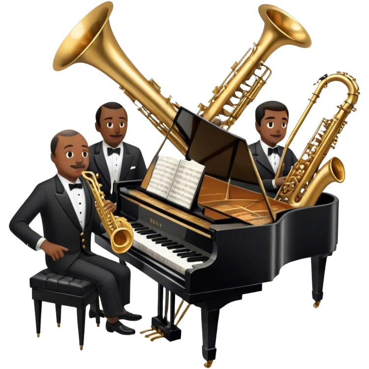 Icon for Jazz Music: Count Basie Orchestra, with Count Basie at the piano surrounded by jazz musicians playing instruments like saxophones, trumpets, and drums. Floating musical notes should capture the energetic and smooth vibe of big band jazz. Transparent background. emoji