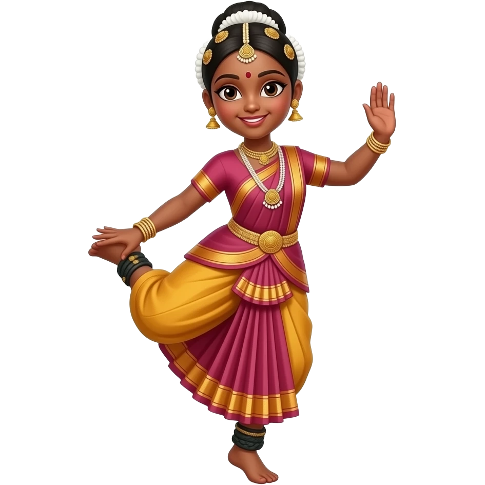 Light brown skin girl in a bharatnataym dress left hand lifting up left foot and right hand lifted up in the air a little bent emoji