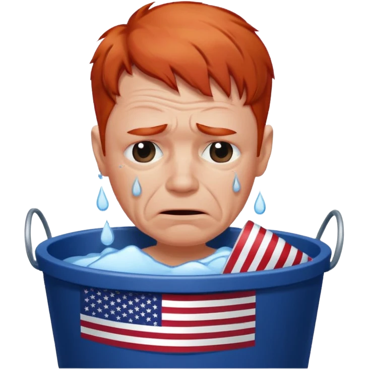 short red haired older man crying into bucket with USA flag on it emoji