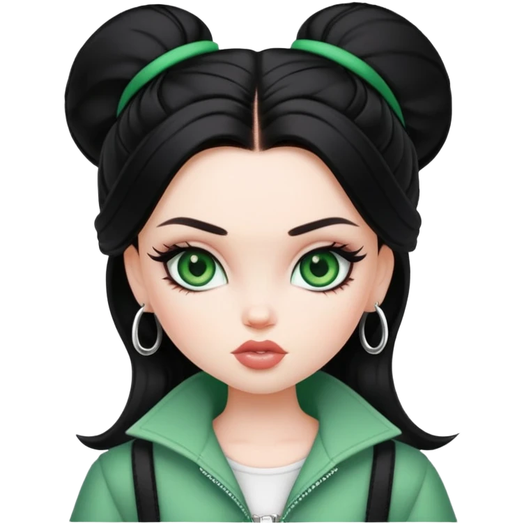 pretty bratz baddie, pale skin, black hair green eyes emoji
