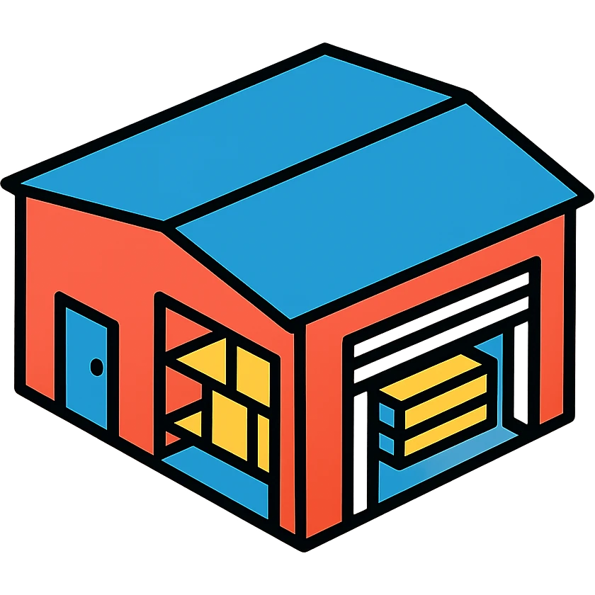 Single story warehouse building in isometric view with loading bay and industrial shelving inside emoji