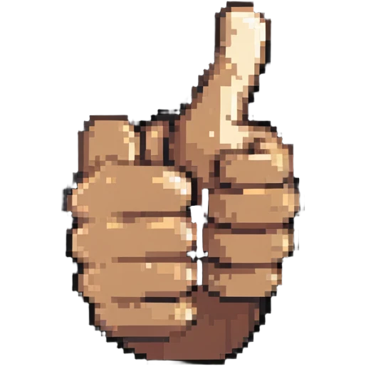 Thumbs up hand with dark skin and light skin highlights, pixelated style emoji