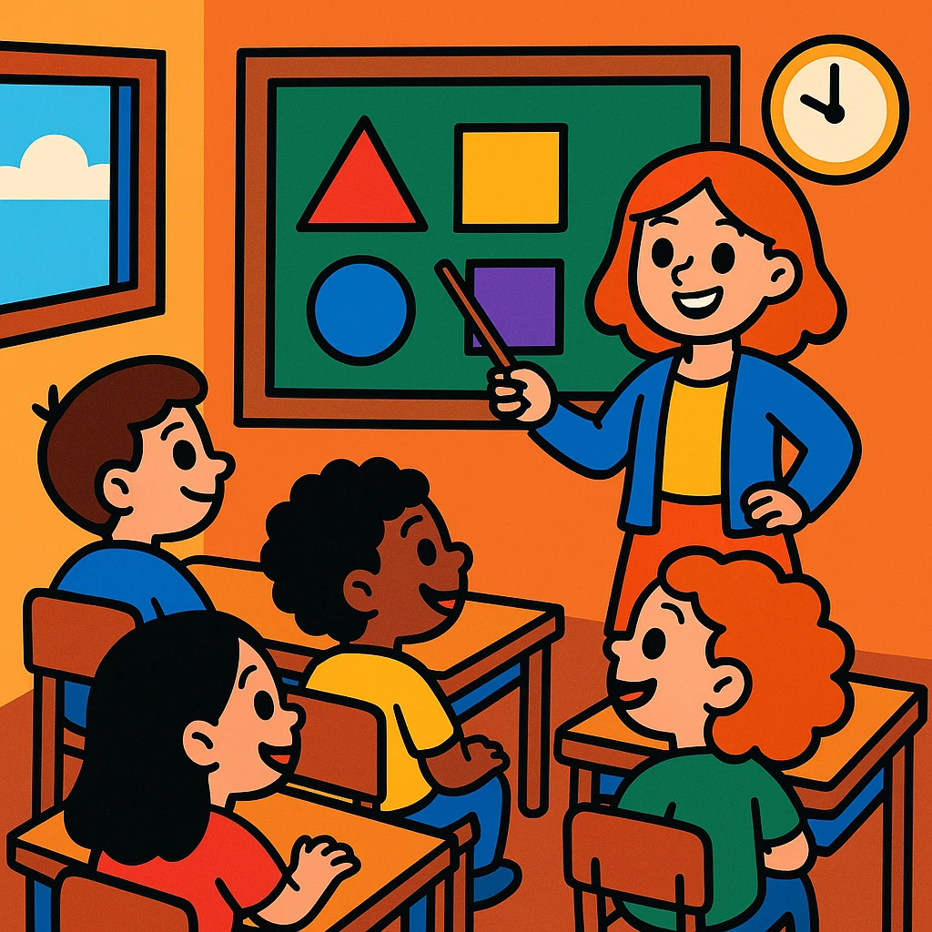 students in a classroom listening to a colorful, cheerful geometric shapes lesson, cartoon style emoji