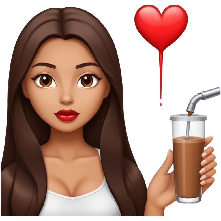 tanned beautiful girl with pump mocha lips and brunette straight long hair showing heart emoji