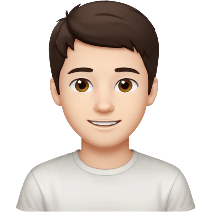 create an emoji of a teenage man, oval face, smile. he has an English look, very messy dark brown hair, dark brown eyes, pale skin, natural lips. he wears a short sleeve very white shirt emoji
