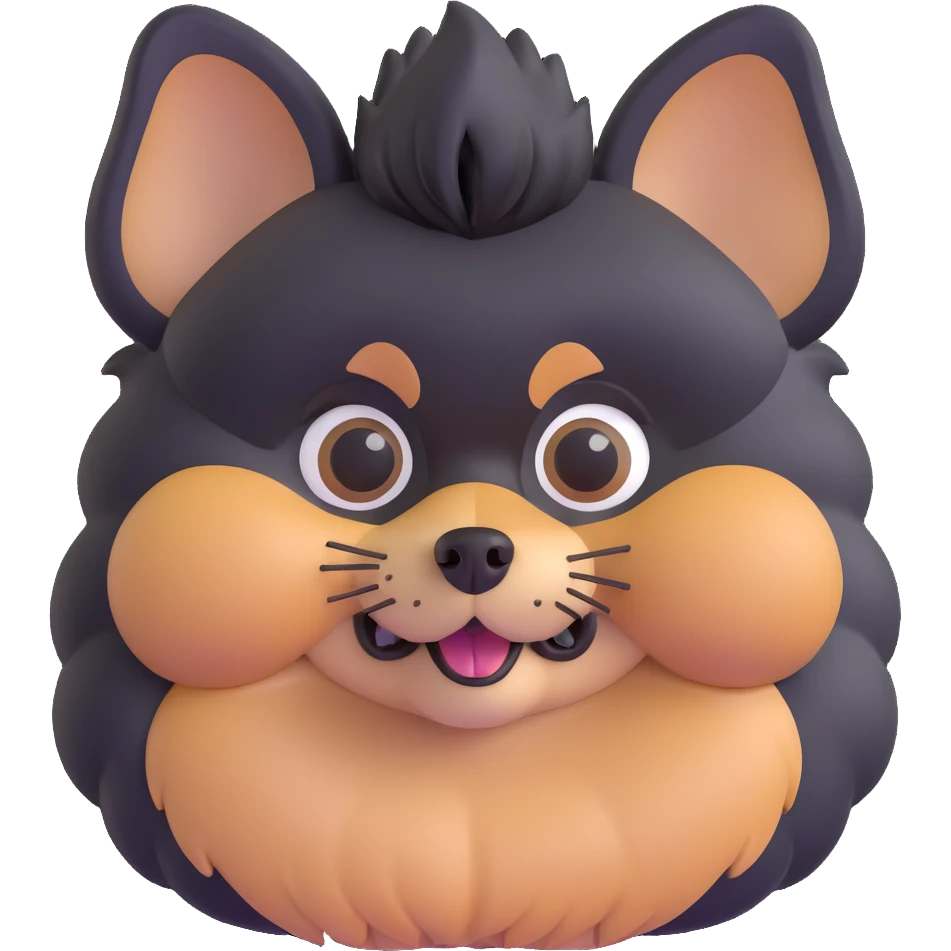 fluffy black and tan Pomeranian dog face, big dark eyes, black button nose, tan muzzle, tan eyebrow spots, thick fluffy fur, upright triangular ears with gray tips, friendly and cute emoji