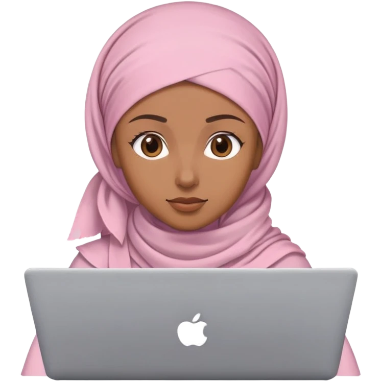 Light brown skin woman wearing loose light pink head scarf working behind laptop emoji