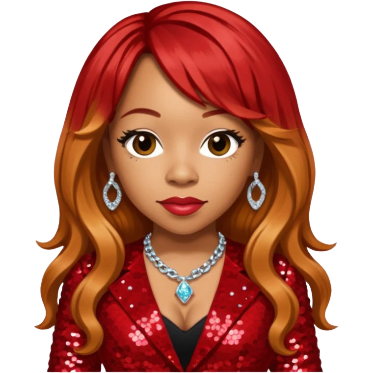 Tameka Tiny Harris from Xscape with long reddish blonde hair, red sequin outfit emoji