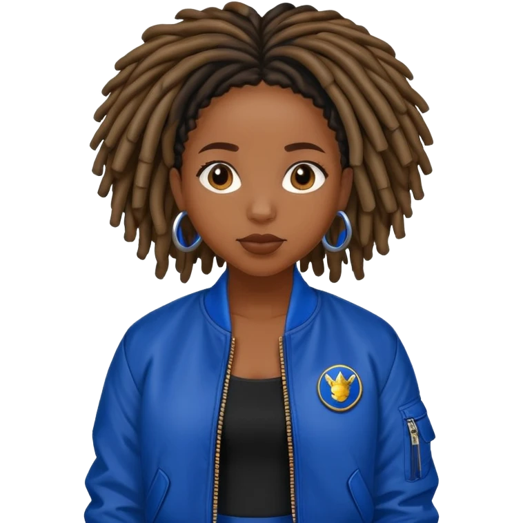 Black girl with locs in black dress and royal blue bomber jacket emoji