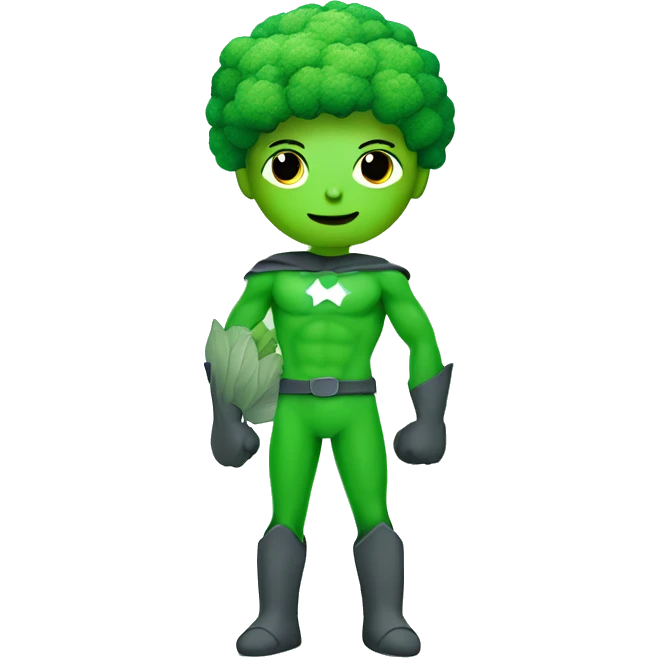 kawaii cute funny mini superhero with green clothes and a broccolis as hair,  full body saying hello emoji