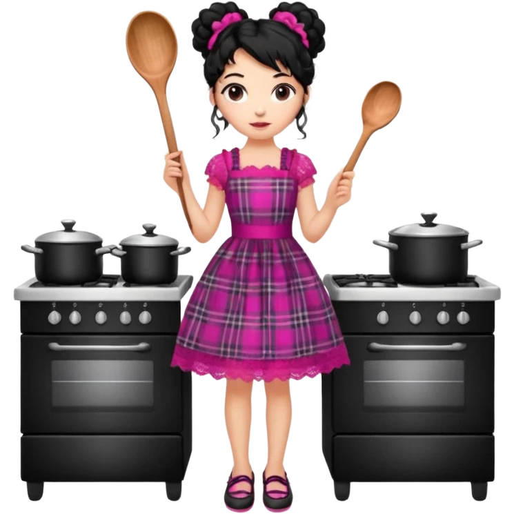 
A beautiful girl wears a fuchsia lace dress with a plaid pattern. Her long, curly black hair is styled in a messy bun. She wears accessories and holds a wooden kitchen spoon. She is standing and wearing black shoes. The illustration style is clipart. emoji