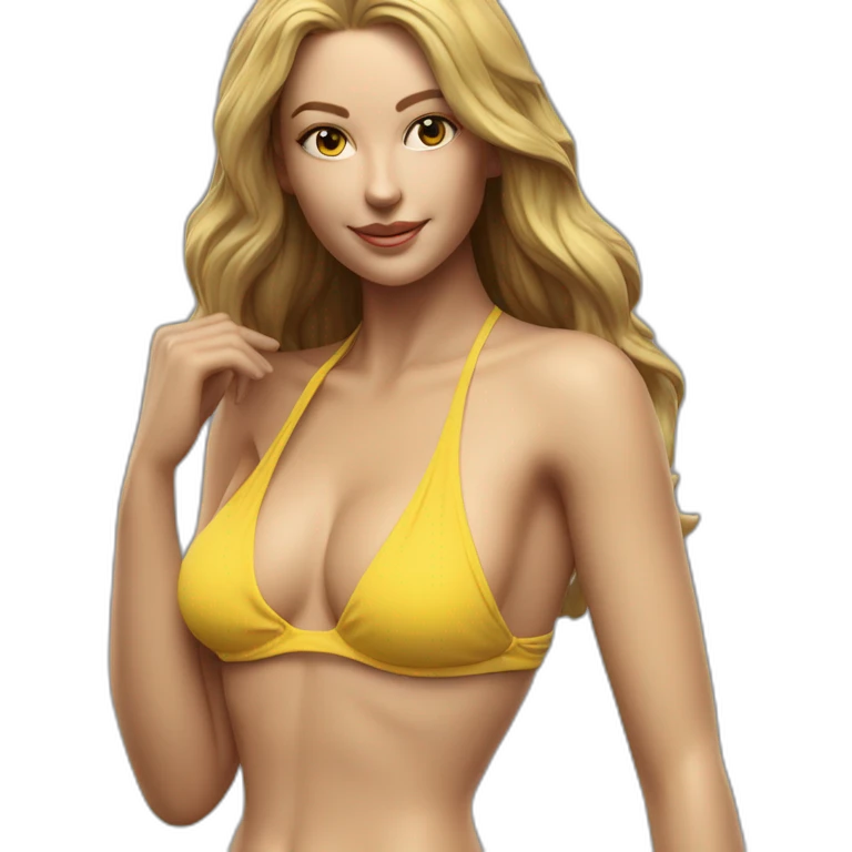 Sexy pose soft-fit Caucasian woman yellow bikini (beach body) bed realistic emoji