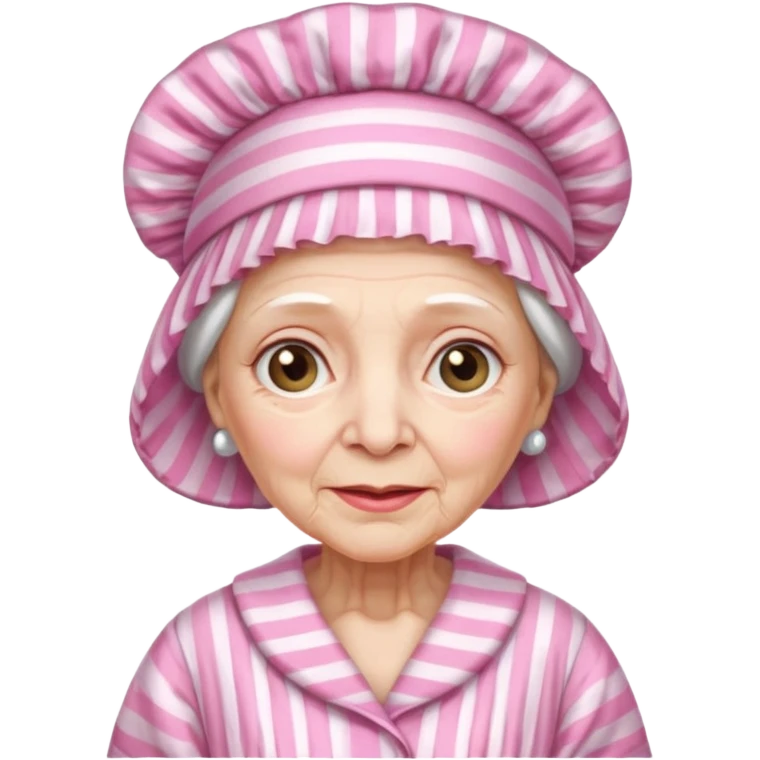 sick old woman with pink striped night gown, pink night bonnet on her head emoji