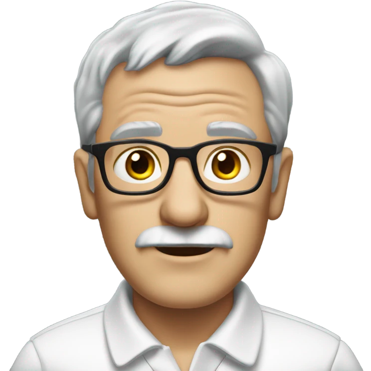old english man, with glasses, grey hair, no moustache. wearing a white smart polo shirt with black buttons. emoji
