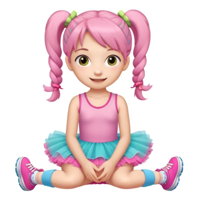 A cute young girl with pigtails sits on the floor, wearing a pink tutu dress and colorful sneakers. She has large, expressive eyes and a cheerful smile, resting her chin on her hands. The background is a soft, neutral color that enhances her playful demeanor. emoji