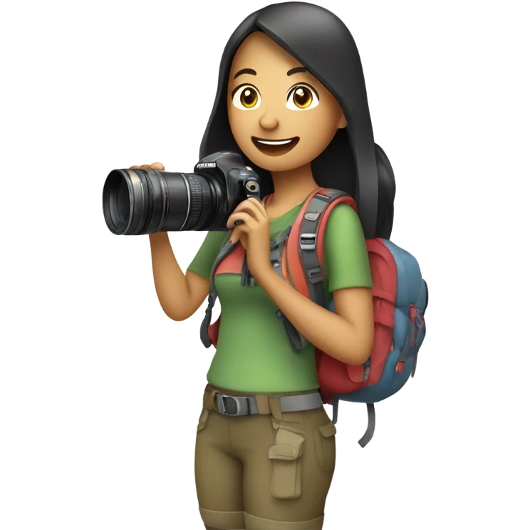Cute filipina woman with backpack holding camera while hiking emoji